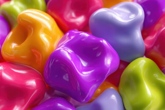 Abstract squishy shapes in vibrant colors, featuring smooth plastic textures, create a playful and dynamic composition with a sense of fun and creativity, ideal for various design projects
