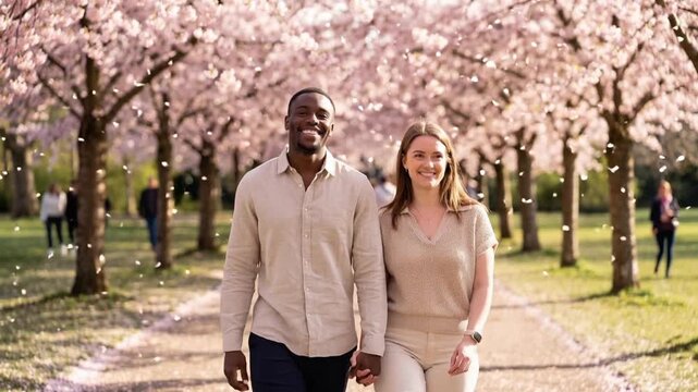 Happy interracial couple holding hands, looking at each other as they walk under cherry blossom trees with pink petals falling around them in a park on sunny spring day, camera tracking backwards