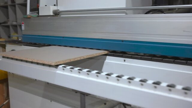 Automated Factory Conveyor System, Industrial Conveyor Under Cutter With Automation And Material Handling. Media