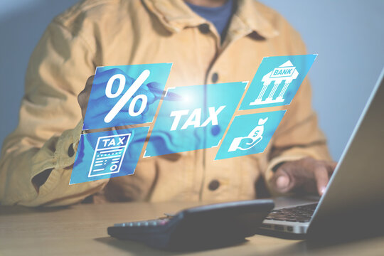 digital tax filing interface with icons of calculator, percentage, calendar, money, and government building - Powered by Adobe