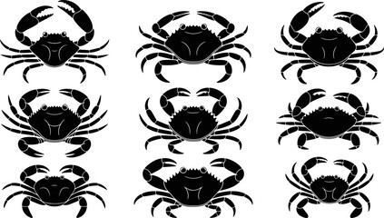 Black and white vector silhouette set of marine crabs featuring large claws for seafood restaurant logos and nautical graphic design. © Mim's World
