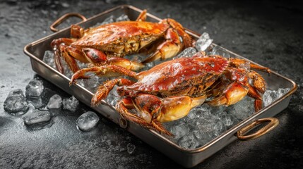 Two fresh crabs displayed on a bed of ice in a metal tray. The vibrant colors and glistening shells emphasize their freshness, perfect for a seafood menu or culinary presentation.
