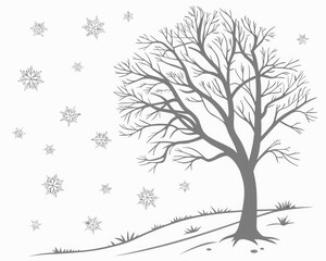 Simple Bare Winter Tree Silhouette and Falling Snowflakes Illustration Graphic Element for Holiday Design Background Overlay