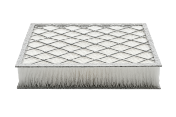A new, clean, rectangular air filter with a pleated white material and a grey grid pattern on top, isolated on a white background.