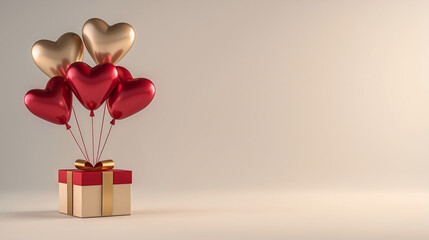 Elegant Valentine&rsquo;s Day background with soft lighting and copy space. Heart-shaped balloons rise from a gift box tied with a golden ribbon.