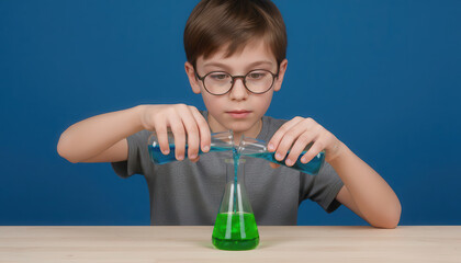 Young boy with glasses is conducting a science experiment by pouring blue liquid into a flask containing green liquid, showcasing curiosity and learning in a laboratory setting