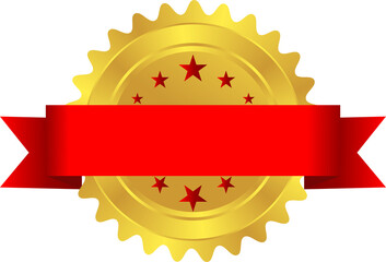 Gold Starburst Award Badge with Blank red Horizontal Ribbon Banner, A vector design of a blank golden starburst award seal featuring a prominent black horizontal banner for custom text and decorativ