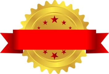 Gold Starburst Award Badge with Blank red Horizontal Ribbon Banner, A vector design of a blank golden starburst award seal featuring a prominent black horizontal banner for custom text and decorativ