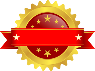 Gold Starburst Award Badge with Blank red Horizontal Ribbon Banner, A vector design of a blank golden starburst award seal featuring a prominent black horizontal banner for custom text and decorativ