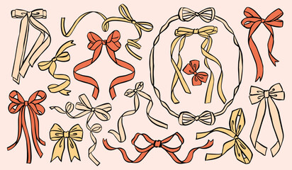 Whimsical bow and ribbon illustration collection in hand-drawn ink sketch style. Cute decorative bows and flowing ribbons for romantic, vintage, and aesthetic design projects.