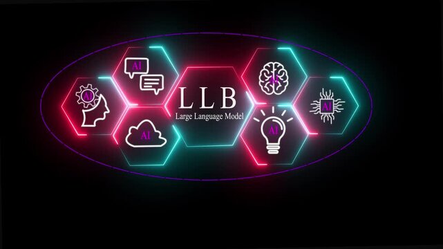 Large Language Model ( LLB) AI Concept with Neon Futuristic Technology Network on black background .   Motion graphics of large language model idea. digital transformation.
