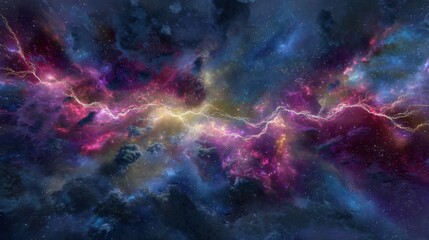 Obraz premium Bright lightning strikes across a colorful galaxy filled with stars and clouds in a vast cosmic space at night. The scene shows vibrant colors and striking patterns.