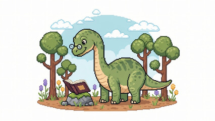 A pixel art illustration of a robotic dinosaur wearing a blue vest stands on a plain white background.