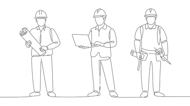 Continuous line drawing animation of diverse team professional engineers standing together with blueprints and laptop