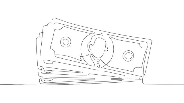Self drawing animation of large stack of american dollar banknotes financial success and wealth concept