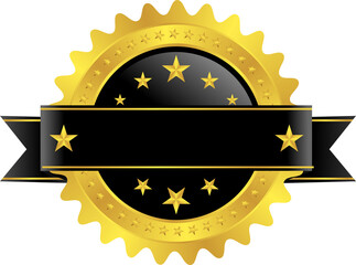 Gold Starburst Award Badge with Blank Black Horizontal Ribbon Banner, A vector design of a blank golden starburst award seal featuring a prominent black horizontal banner for custom text and decorativ