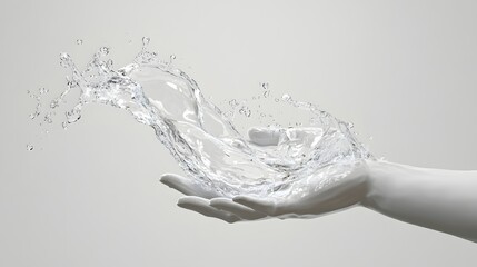 3D render depicts a hand gently holding a splash of water with glistening droplets against a plain gray background.