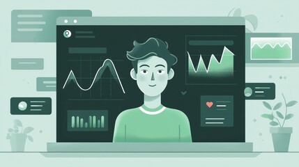 Male character in a green sweater with data visualizations on a computer screen in a modern workspace illustration
