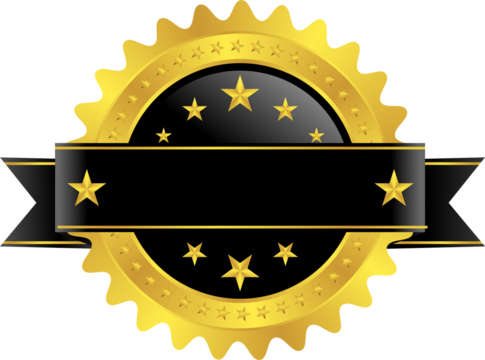 Gold Starburst Award Badge with Blank Black Horizontal Ribbon Banner, A vector design of a blank golden starburst award seal featuring a prominent black horizontal banner for custom text and decorativ - Powered by Adobe