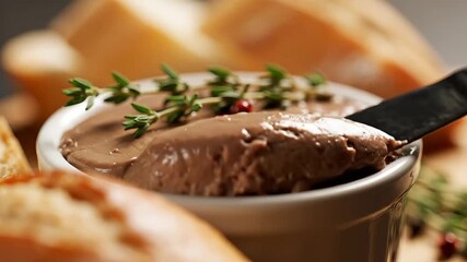 Closeup shot of a knife spreading delicious homemade chicken liver pate onto a slice of rustic baguette garnished with fresh thyme and colorful pink peppercorns highlighting a gourmet appetizer or sn.