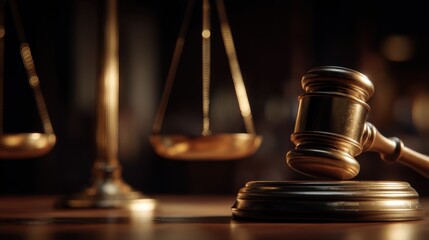 A gavel sits next to balance scales on a wooden desk. The scene shows a focus on law and justice in a courtroom. Soft light shines on the objects creating a serious atmosphere.