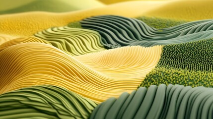 3D render of undulating, layered waves in shades of green and yellow.