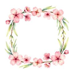 Watercolor Cherry Blossom Frame with Willow Branches &mdash; Delicate Floral Border