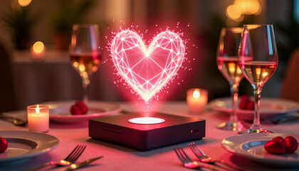 Glowing digital holographic heart shining over a high-tech device on a dinner table with wine glasses and burning candles, romantic dating application, modern tech love, or Valentine celebration. High