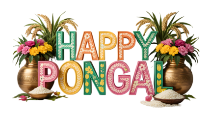 Colorful Pongal Greeting with Flowers Pots and Grains isolated on a transparent background