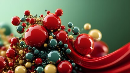 3D render of glossy spheres and flowing red fabric amidst a green background.