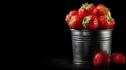 Metal buckets hold fresh strawberries on a dark surface. Some strawberries rest on the surface outside the buckets. The setting has a simple and clean look that highlights the fruit.