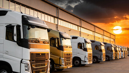 Line of modern white semi-trailer trucks parked outside a large warehouse at sunset under a cloudy sky