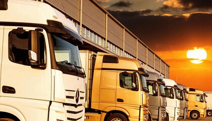 Line of modern white semi-trailer trucks parked outside a large warehouse at sunset under a cloudy sky