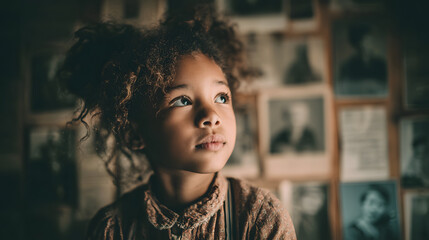 little black girl looks at a large screen on which historical photos of famous women are displayed