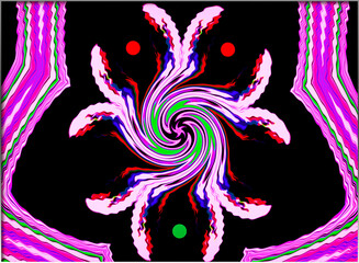 A colorful abstract design with swirling patterns and symmetry. The vivid pink and green hues contrast against a black background.