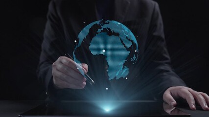 A business professional engages with a futuristic digital global network on a tablet, emphasizing the importance of technology and connectivity in modern enterprise. Qubit - Powered by Adobe