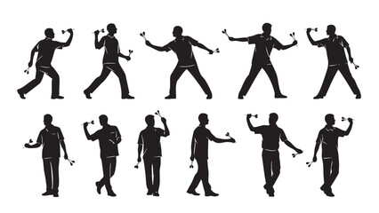 Obraz premium Set of silhouette of man playing darts on white background