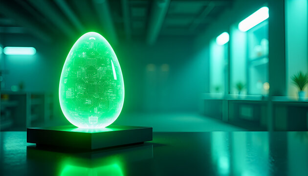 Glowing green holographic egg with complex circuit patterns inside a futuristic laboratory or server room, high-tech data security, innovative tech service, or digital growth concept. High quality