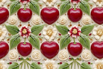 Ornate decorative relief pattern featuring glossy red hearts, white roses, and green leaves, showcasing intricate craftsmanship and vibrant colors for artistic design