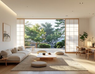 Open-plan Japandi home interior, seamless living and dining space, natural wood accents, clean minimalist style
