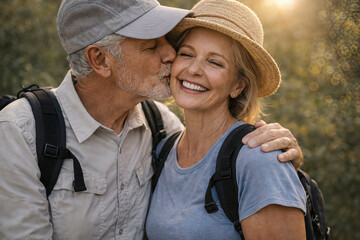 Loving senior couple hiking outdoors with backpacks, man kissing smiling woman on the cheek during golden hour sunset