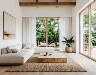 Modern Japandi living room with open-plan layout, seamless space, wooden accents, minimalist decor
