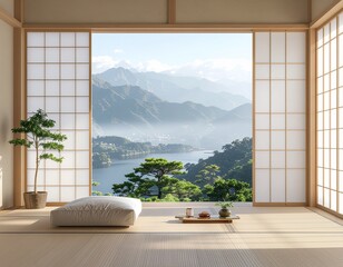 Minimal Japandi living room, empty space, clean geometry, neutral background, commercial use interior