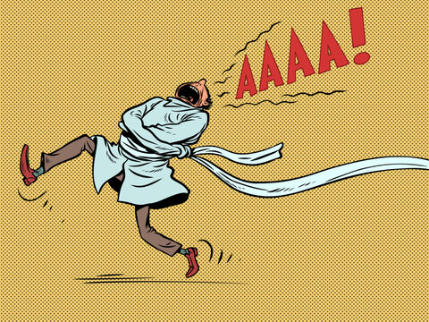 A man in a straitjacket screams. A feeling of panic and horror. Fear of life and its problems.