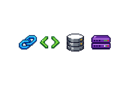 Pixel art icons representing web development workflow: link, code, database, and server