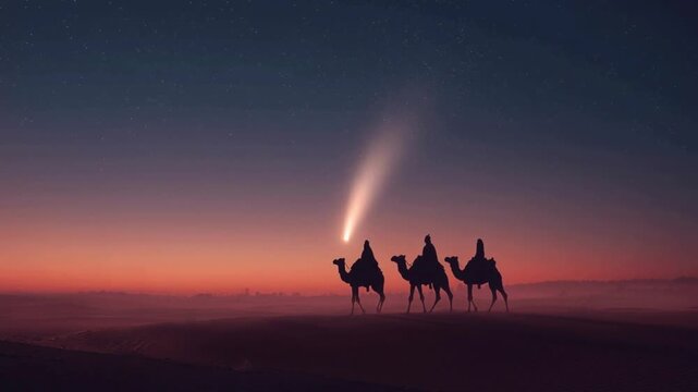 biblical scene with 3 kings travelling on camels through a desert, following a comet to find a god's son; warm sunset color scheme; copy space