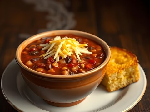 A hearty bowl of chili topped with cheese, next to a golden piece of cornbread.