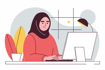 muslim woman in hijab working in an office with a laptop