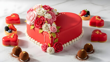 Valentine’s Day cake ideas showcasing handcrafted heart cake with fondant roses and assorted mini desserts