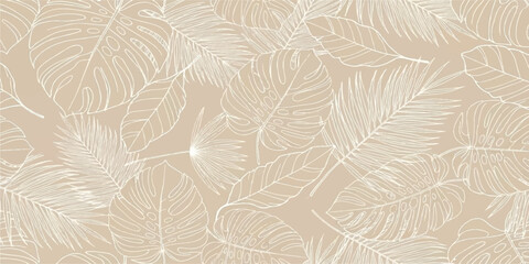 Soft beige tropical paradise: seamless pattern with delicate white outlined leaves © md